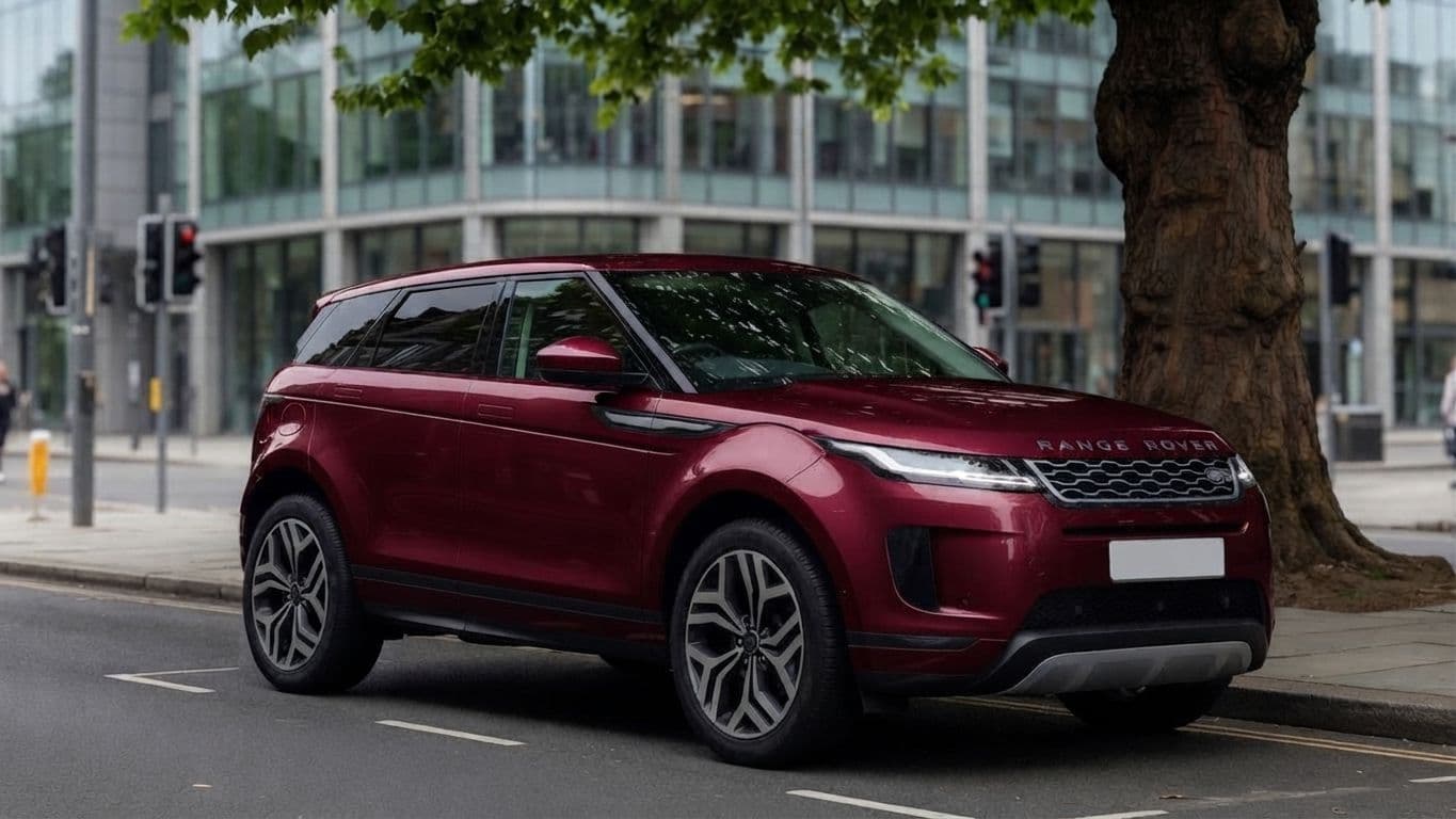 After: a glossy deep red Range Rover Evoque, vinyl wrapped