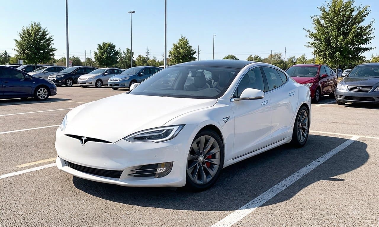 Before: a matte dark grey Tesla Model S, original paint